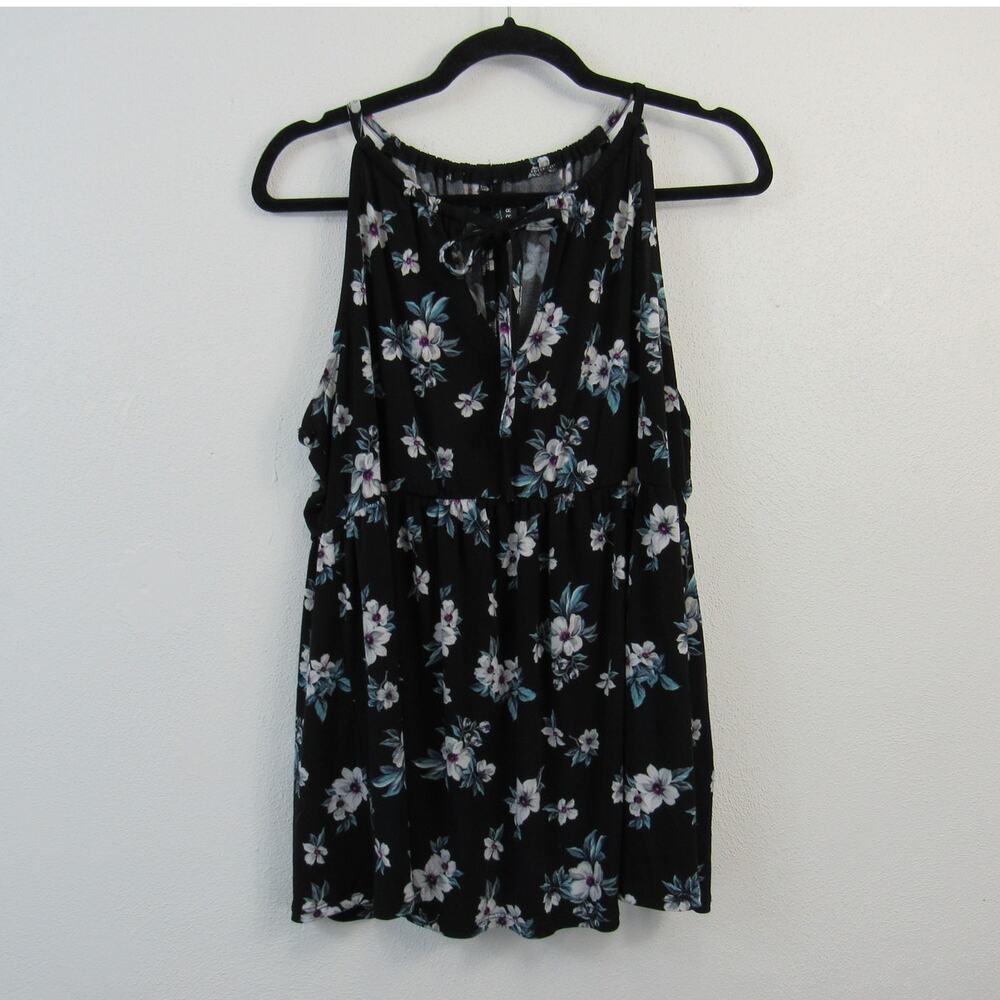 Torrid Size 1 1X Black Floral Print Baby Doll Tank Top Empire Waist Keyhole - Picture 2 of 6